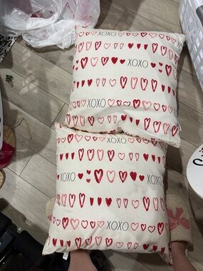 Rae Dunn Red Heart XOXO Pattern Throw Pillow on Cream